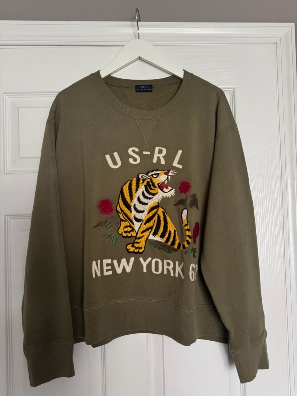 Ralph Lauren Olive Green Crewneck Sweater with Embroidered Tiger